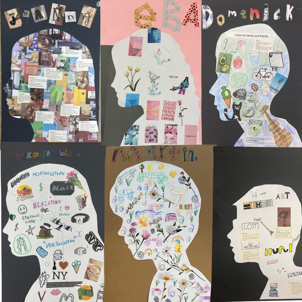 A collection of colorful silhouette picture collages created by kids, each featuring unique cutouts such as quotes, flowers, drawings, and images that represent personal interests and hobbies. The silhouettes are mounted on black or pastel backgrounds, showcasing individuality and creativity.