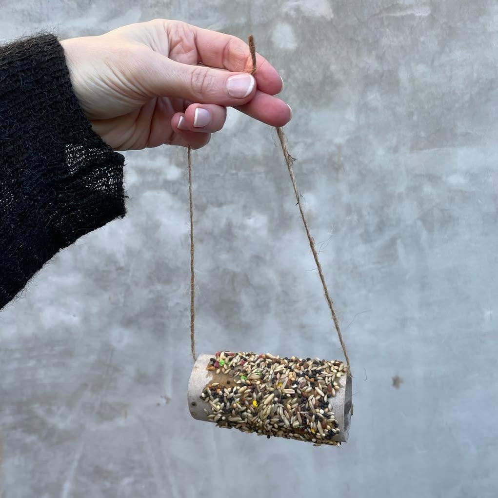 A handmade bird feeder made from a toilet paper roll coated in peanut butter and rolled in birdseed, hanging from a string held in hand against a neutral background.