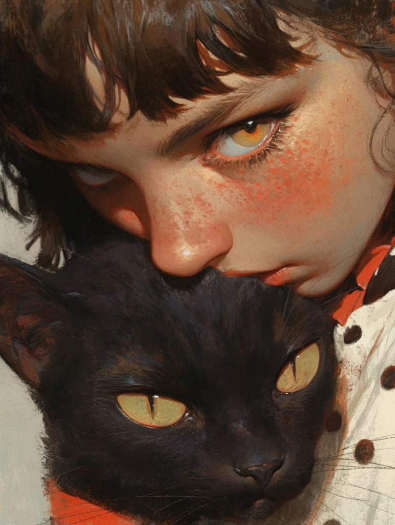 A close-up of a girl and her black cat, their golden eyes mirroring each other.