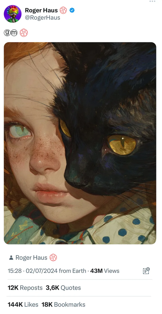 screenshort of rogers art work that went viral
The piece features a girl with ginger hair, partially obscured by a black cat leaning towards her face

