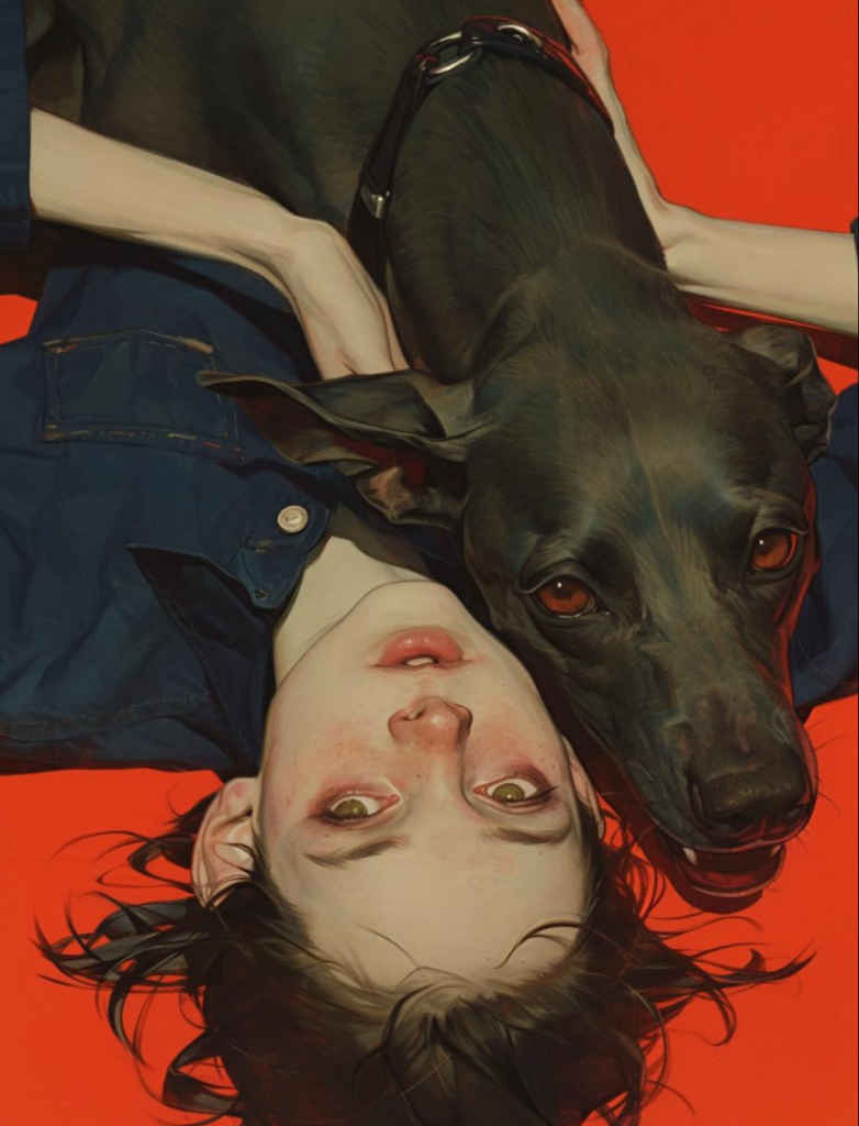 A girl lying intertwined with a black dog against a vivid red backdrop.