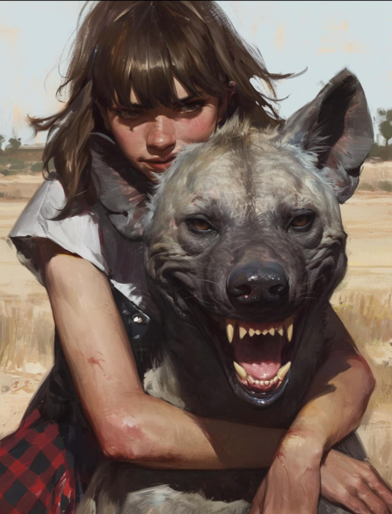 A girl embracing a snarling hyena, exuding strength and resilience.