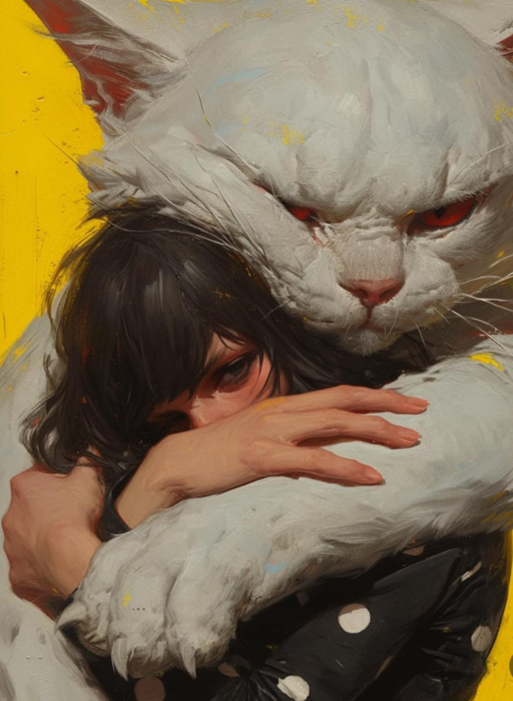 A girl embracing a large white cat with piercing red eyes, set against a yellow background.