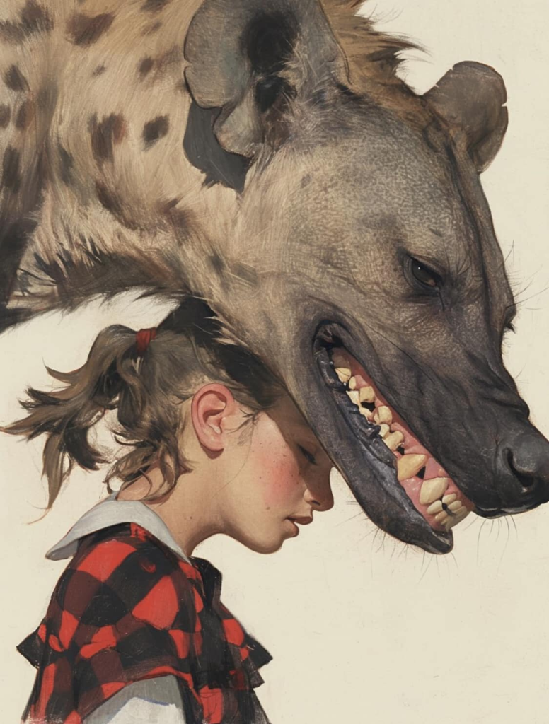 A girl seamlessly merged with a snarling hyena, creating a striking duality.