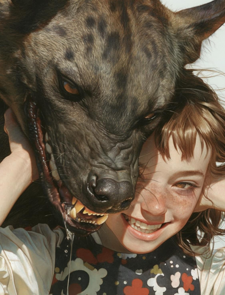 A girl smiling confidently while embracing a snarling hyena.