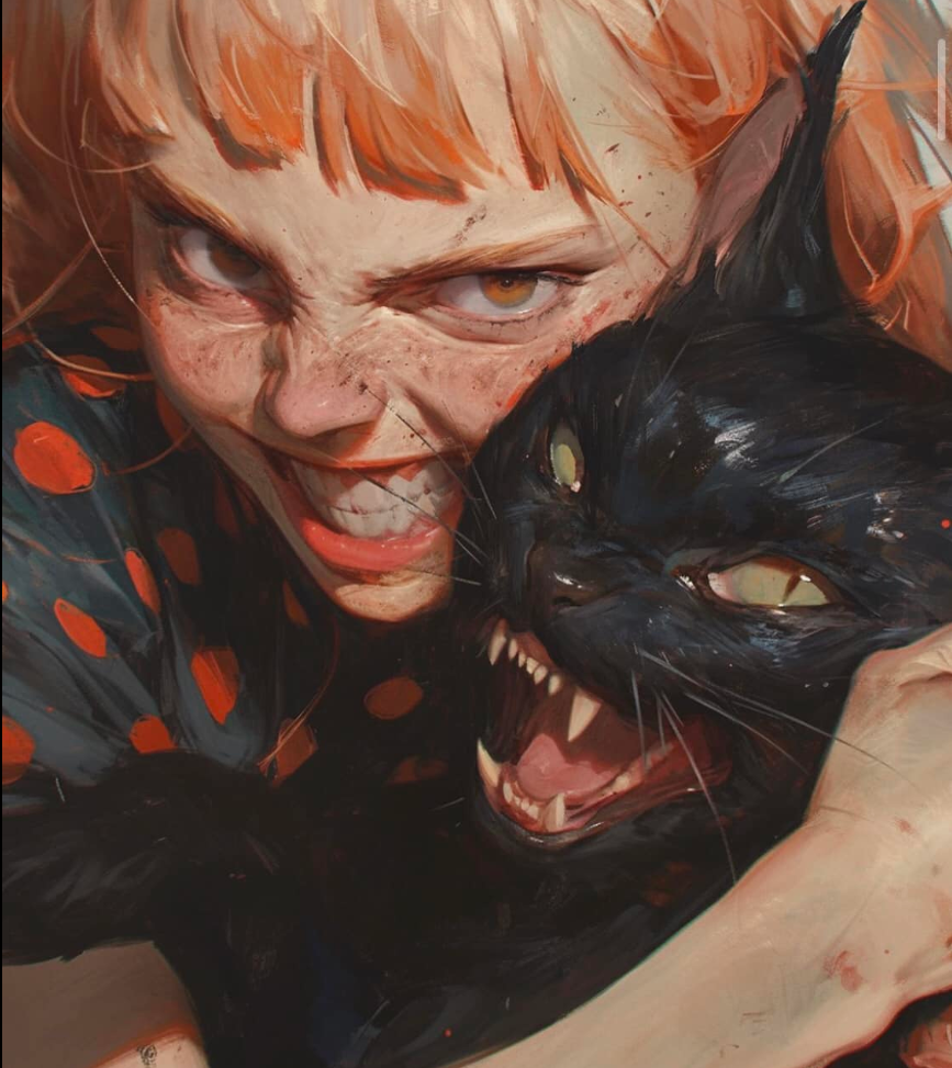 A red-haired girl grinning mischievously while holding a snarling black cat.