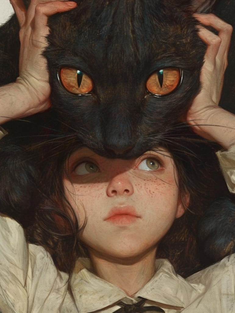 A girl with a black cat perched on her head, their amber eyes glowing with curiosity.