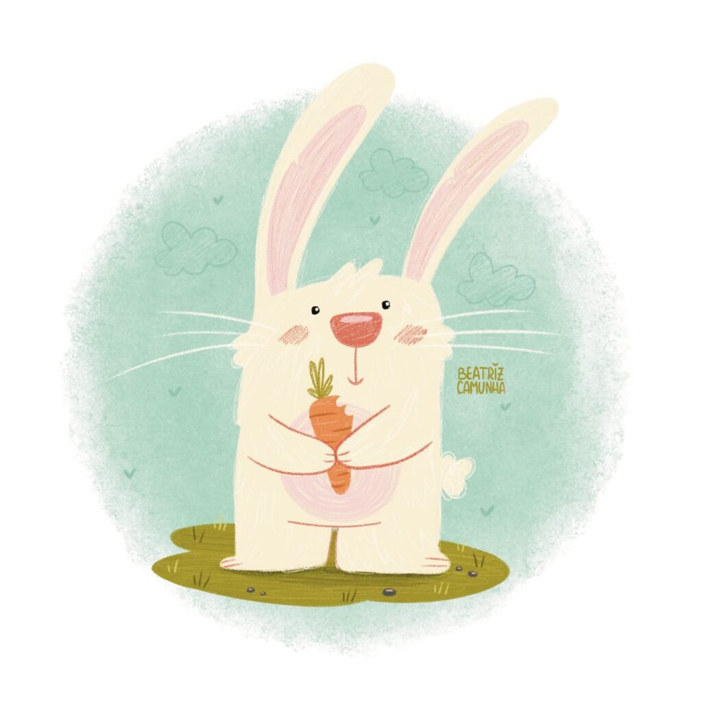 Fluffy white bunny with long ears holding a carrot, drawn in soft pastel style with a blue background.