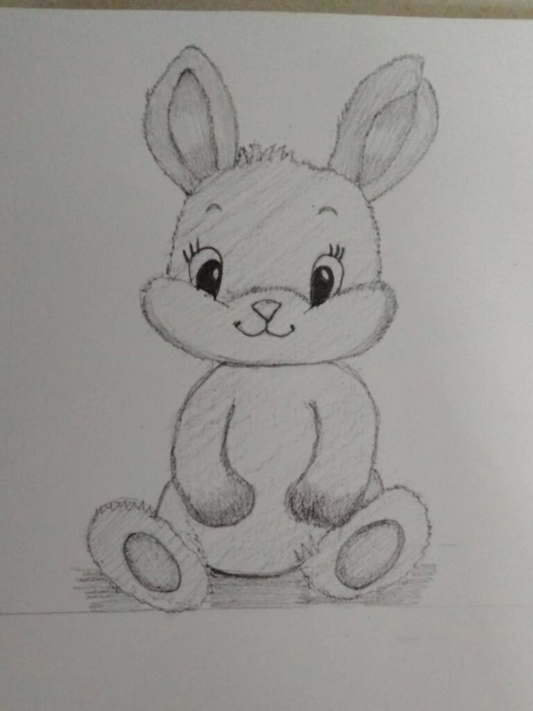 Pencil drawing of a cute bunny sitting upright, with round feet, soft shading, and plush-like texture.