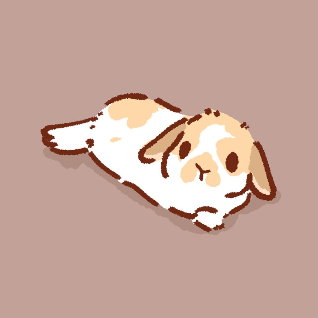 Cartoon drawing of a brown-and-white lop-eared bunny lying stretched out on the ground.