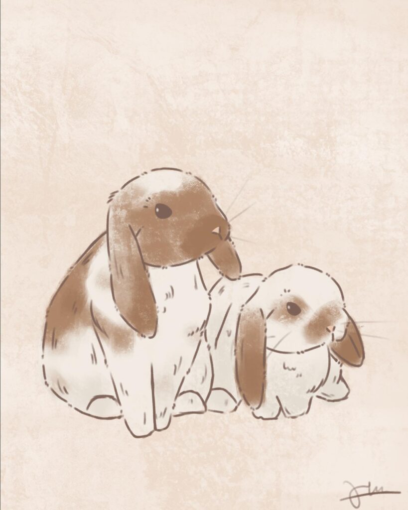Soft digital illustration of two brown-and-white lop-eared bunnies sitting side by side.