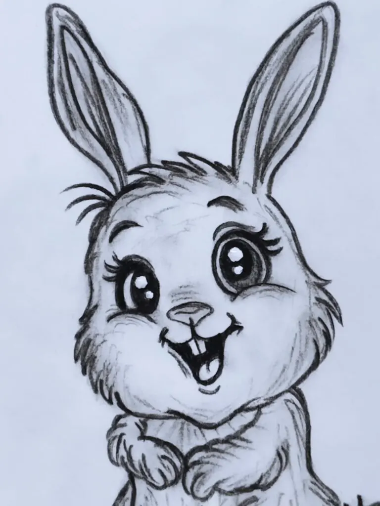 Pencil sketch of a happy cartoon bunny with big sparkling eyes, upright ears, and tiny hands held close to its chest.