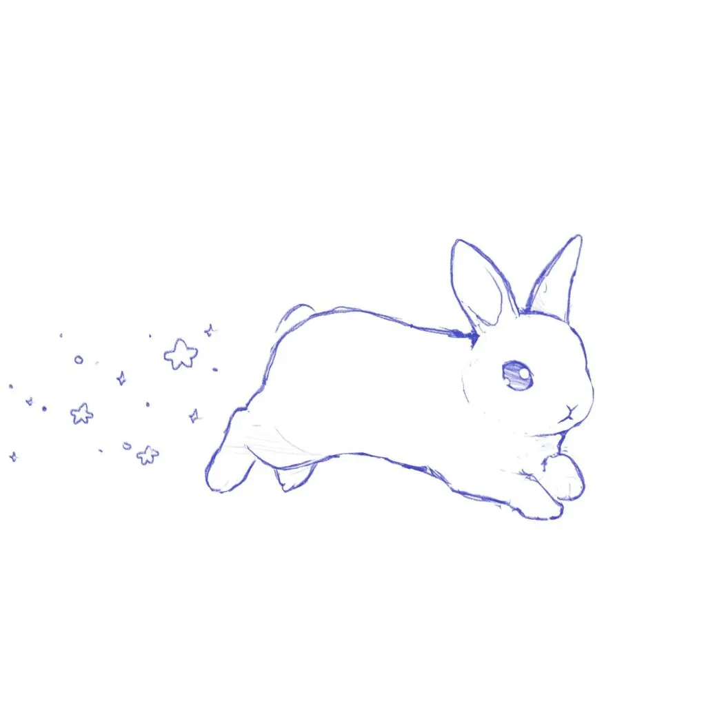 Blue line sketch of a bunny mid-leap with stars and sparkles trailing behind.