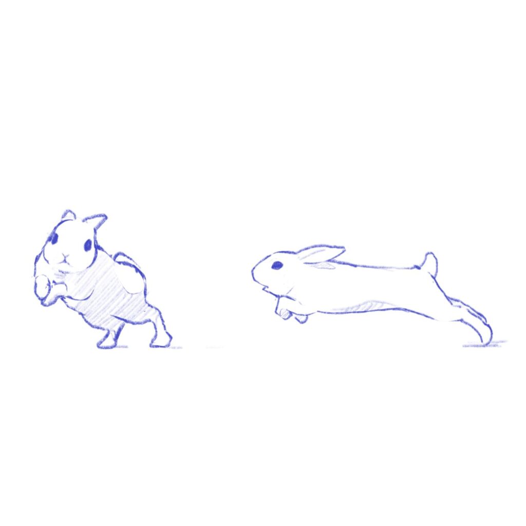 Blue line sketches of two bunnies, one standing upright and the other stretched out running.