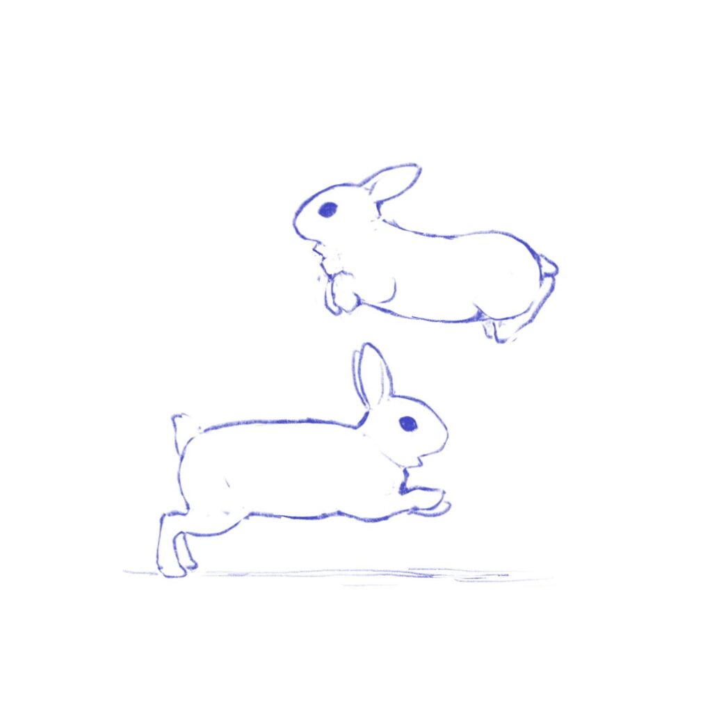 Blue sketch of two bunnies in motion, one mid-jump in the air and the other running on the ground.