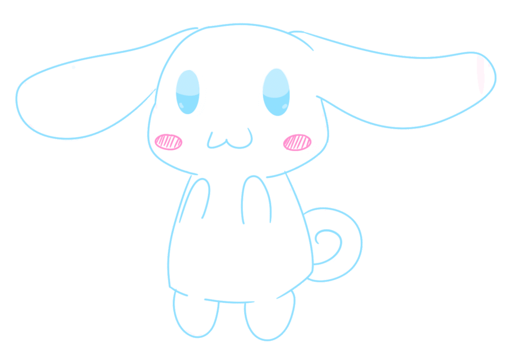 Simplified cartoon bunny with oversized floppy ears, pink cheeks, and a swirl tail, drawn in pastel colors.