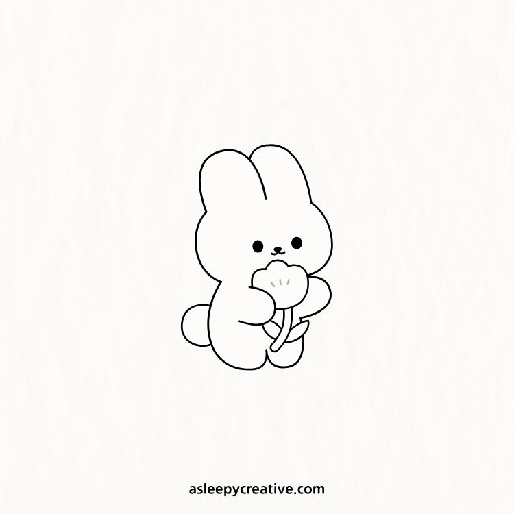 Minimalist cartoon bunny holding a flower, with rounded shapes and small dot eyes, drawn on a white background.