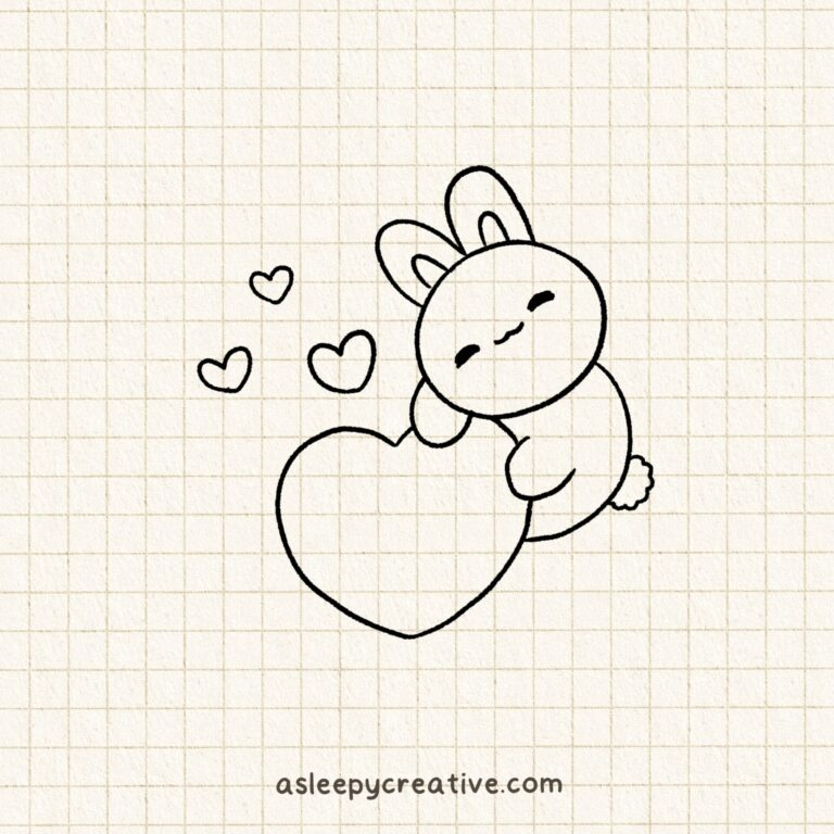 Minimalist line drawing of a bunny hugging a big heart with small floating hearts nearby, on graph paper background.