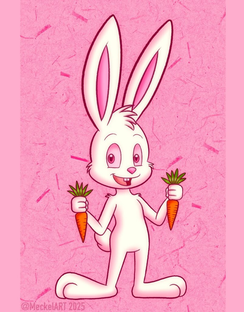 Bright pink cartoon bunny standing upright, smiling, and holding a carrot in each hand on a pink textured background.