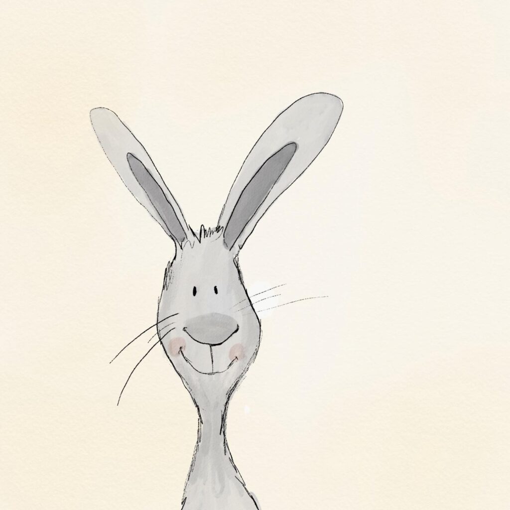 Cartoon-style bunny sketch with very long ears, smiling face, and soft shading in gray.