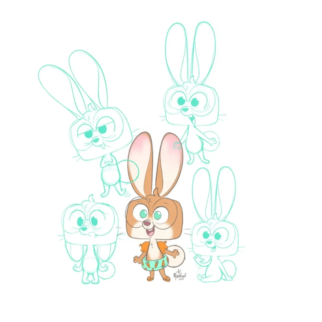 Multiple sketches of a cartoon bunny character with big square glasses and long ears, one version colored wearing a dress.