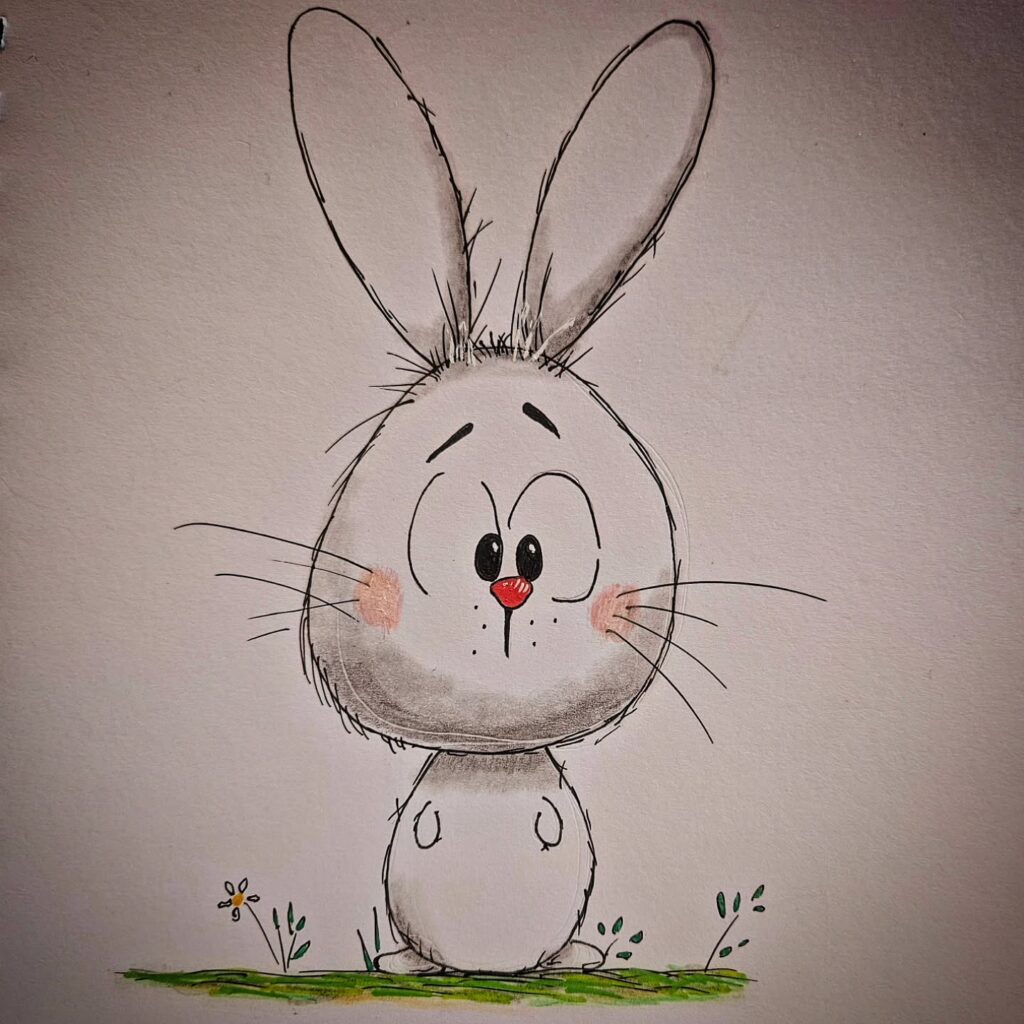 Cute bunny with blushing cheeks, standing on grass with flowers, drawn with soft pencil and light coloring.