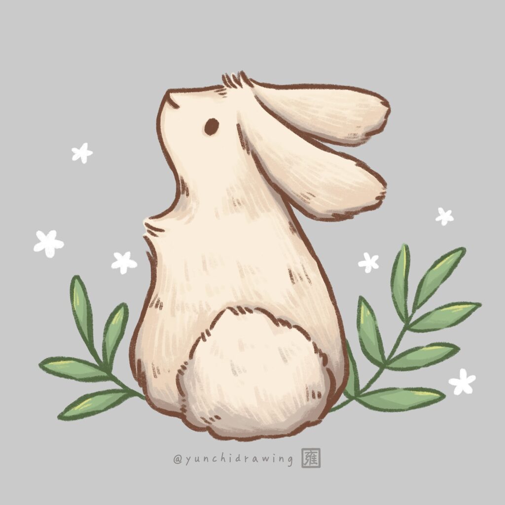 Digital illustration of a soft beige bunny sitting with its back turned, surrounded by green leaves and white flowers.